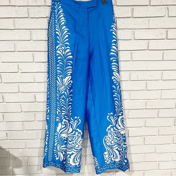 ZARA NEW WOMAN HIGH-WAIST SATIN PRINT TROUSERS PANT BLUE WHITE - SIZE SMALL - Picture 1 of 7